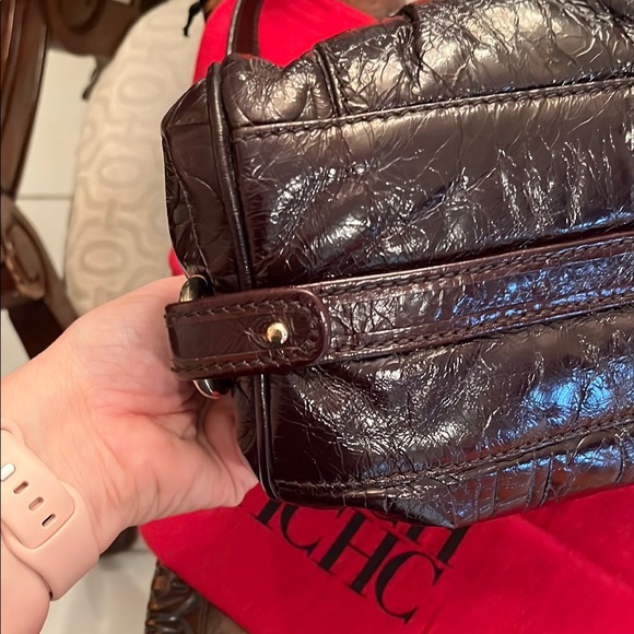 Carolina Herrera chocolate Brown Leather Bag monogram purse tote - Picture 8 of 10